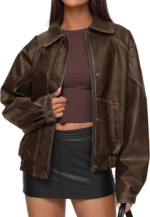 PRETTYGARDEN Faux Leather Bomber Jacket