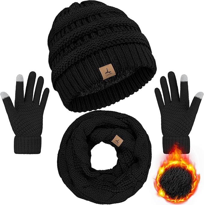 Fleece Knit Hats Touch Screen Gloves Neck Scarf Set